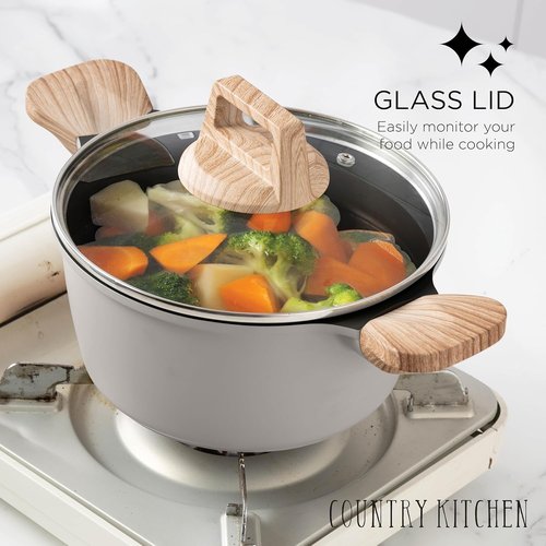 Country Kitchen Nonstick Pots and Pans Set - 14-Piece Cast Aluminum Cookware Set in Grey with Utensils
