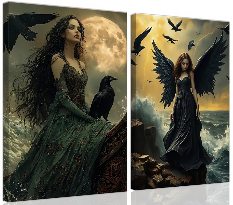 ouiytws Mystic Gothical Wall Art - Dark Fantasy Raven Witch and Black Winged Angel Artwork, Ocean and Moon Theme Canvas Print, Gothic Decor for Bedroom and Living Room, 2 Panels (16"x24" Each)