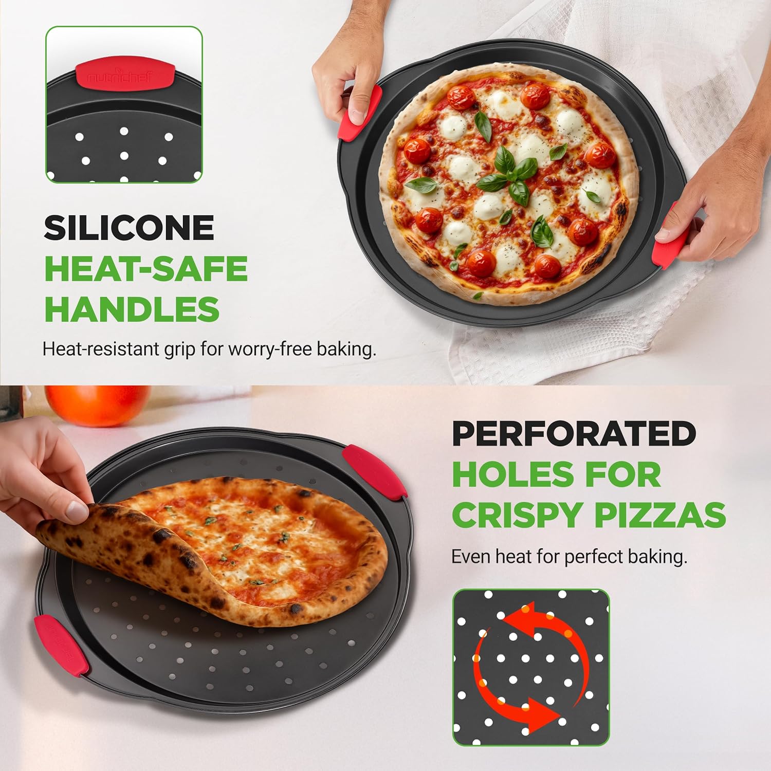 NutriChef 13-Inch Nonstick Pizza Tray - Round Carbon Steel Pan with Perforated Holes & Silicone Grip Handles