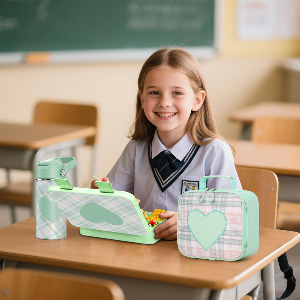 Bevalsa Bento Box for School Kids with Insulated Water Bottle Set - 43oz Lunch Containers Lunchbox Bento Box, 14oz Termos Kids Water Bottle, Lunch Bag for School Girls Kid Student (Green Plaid)