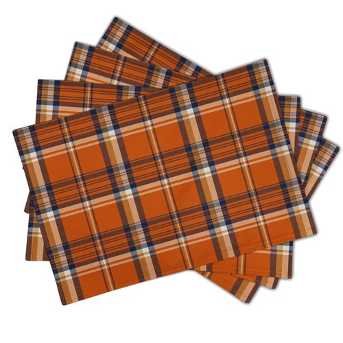 Fall Plaid Placemats Set of 4 Orange Navy Blue Buffalo Plaid Thanksgiving Themed Table Mats Farmhouse Place Mats Washable Linen Placemat for Party Kitchen Dining Decor 12x18 Inch