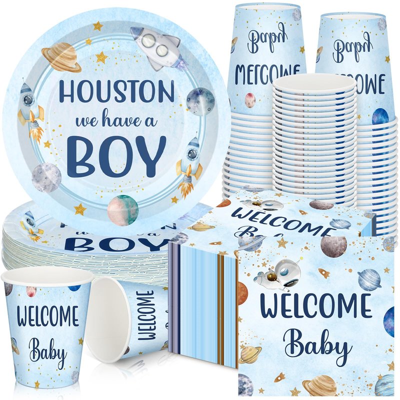 Hushee 200 Pcs Outer Space Baby Shower Paper Plates Napkins Cups Baby Shower Party Supplies Tableware Set Disposable Cup Napkin for 50 Guest Party Decoration