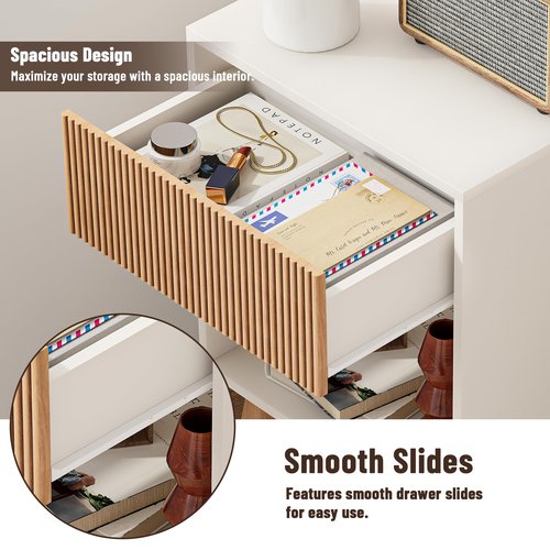 Fluted Nightstand, Modern Bedside Table with Storage Drawers and Open Wood Shelf, Night Stand with Solid Wood Legs, End Tables Side Tables for Living Room, Bedroom