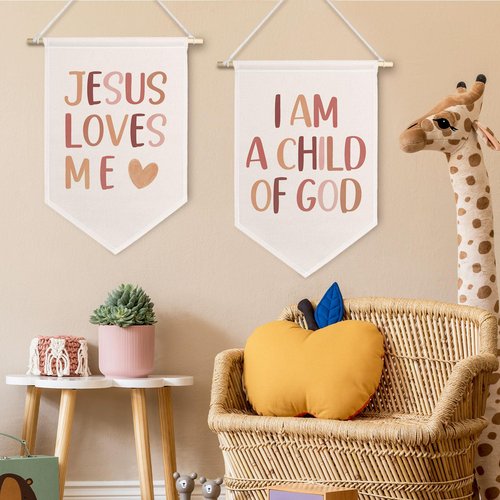 ChissNook Christian Nursery Canvas Banner Set of 2, Boho Nursery Decor Girl Boy Hanging Pennant Banner Flags Wall Display, I Am a Child of God Jesus Loves Me Wall Decor for Kids Room Bedroom Playroom