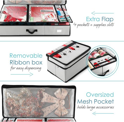 Hearth & Harbor Wrapping Paper Storage Container - Christmas Gift Wrap Organizer with Ribbon Dispenser | Holds 26 Rolls, Silver