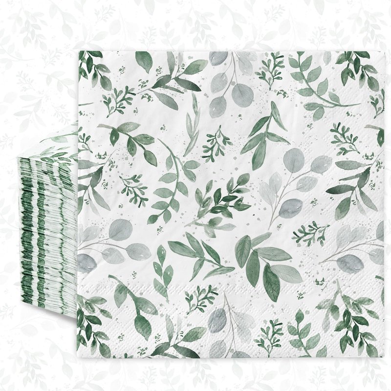 Kamiilah 80 Pack Spring And Summer Green Leaf Napkin 6.5×6.5 Inch Disposable Decorative Watercolor Eucalyptus Leaves Plant Picnic Dessert Dinner Party Wedding Supplies Napkin