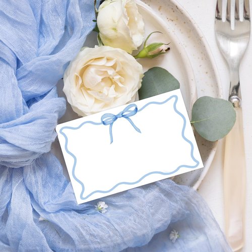 Whaline 100Pcs Blue Bow Place Card 2 x 3.5 Inch Cute Bowknot Tented Card Table Name Sign for Party Banquet Reception Table Setting Supplies