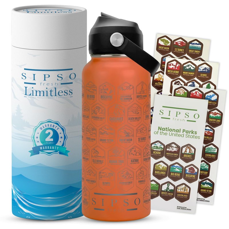 SIPSO fresh Hiking Gift Water Bottle – 32 oz Vacuum Insulated Stainless Steel National Park Water Bottle | 63 Waterproof Stickers & Premium Gift Box | Camping & Outdoor Adventure Gifts (Peach)