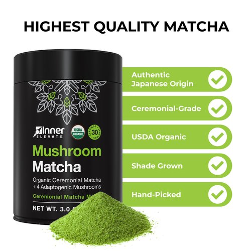 Inner Elevate Mushroom Matcha - Organic, Ceremonial-Grade Matcha Powder with 4 Superfood Mushrooms - Adaptogenic Mushroom Tea Drink with Lion's Mane, Cordyceps, Turkey Tail, Reishi (30 Servings)