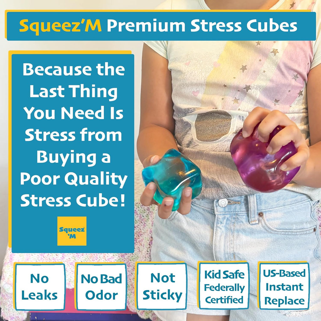 Premium Squeez'M Cube - 35% Larger Sensory Fidget Toy for Kids & Adults | Colorful, Durable & ASTM Certified 3+