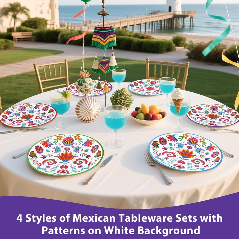 Grencian 60Pcs Mexican Fiesta Paper Plates 9" Heavy Duty Disposable White Mandala Floral Platters Cinco de Mayo Dessert Plates for Cinco De Mayo Taco Tuesday Birthday Party Supplies Decoration