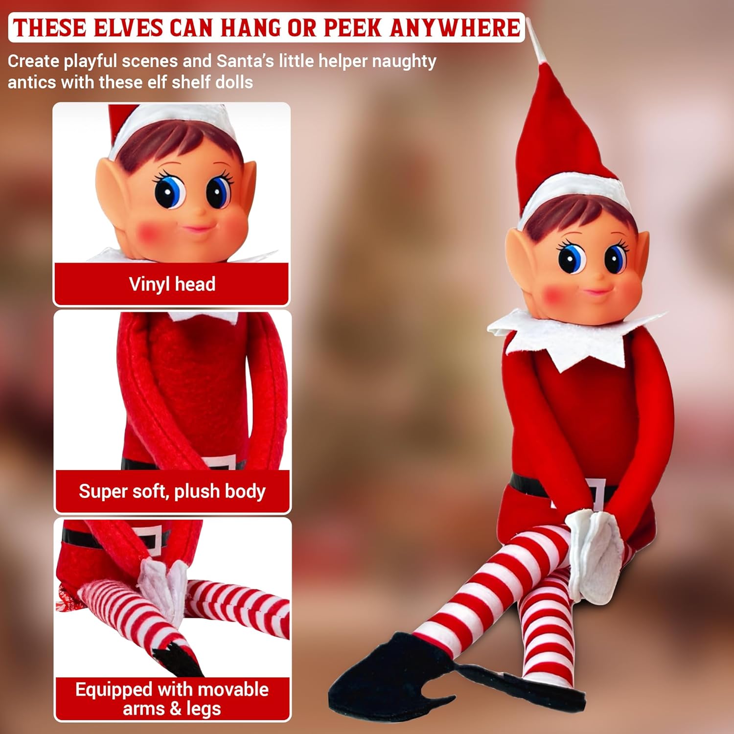 Naughty Elf Couple | 12-Inch Boy & Girl Christmas Elf Figures - Soft Bodies & Vinyl Faces for Festive Holiday Decor