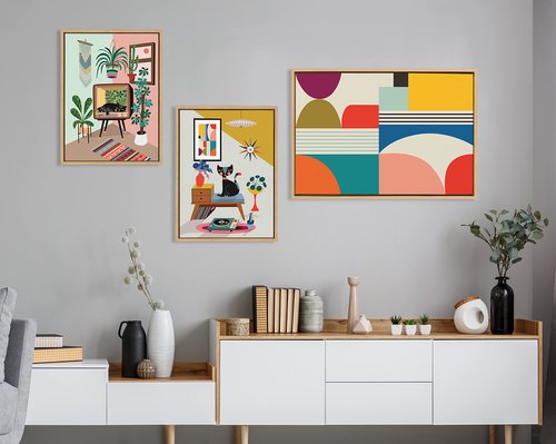 Kate and Laurel Sylvie TV Cat Bed Framed Canvas Wall Art by Rachel Lee of My Dream Wall, 18x24 Natural, Decorative Calming Midcentury Art Print for Wall