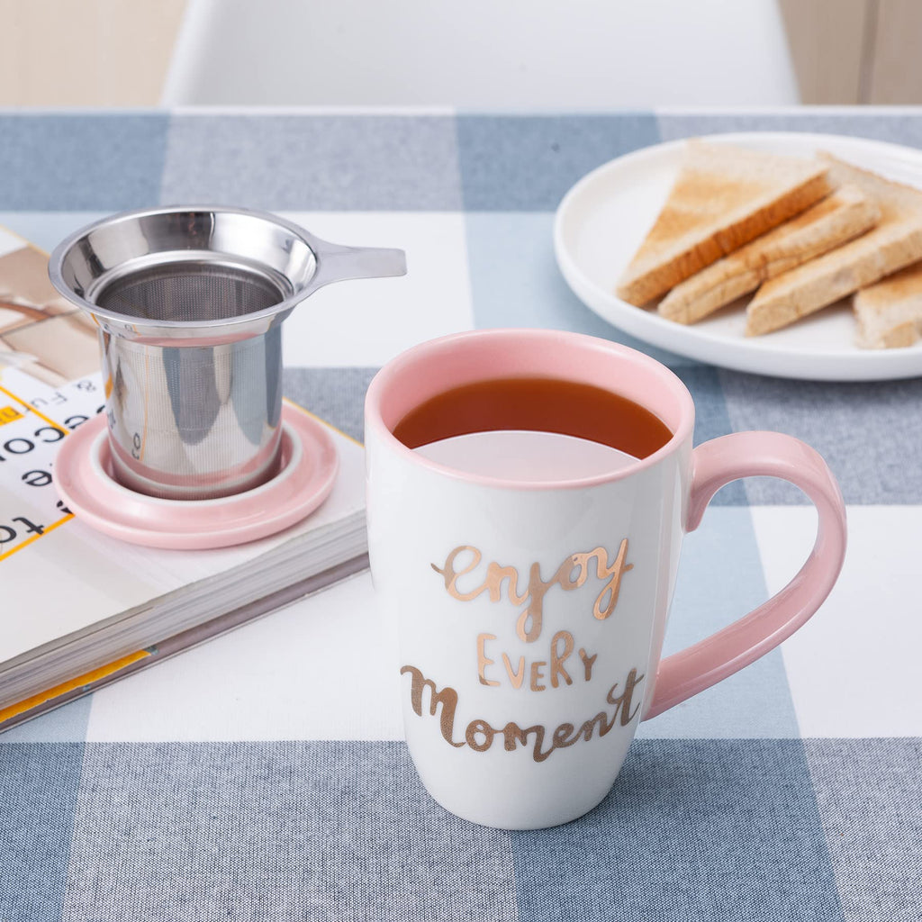 Jemirry Tea Mug Tea Cup, Ceramic Cup with Lid - Pink