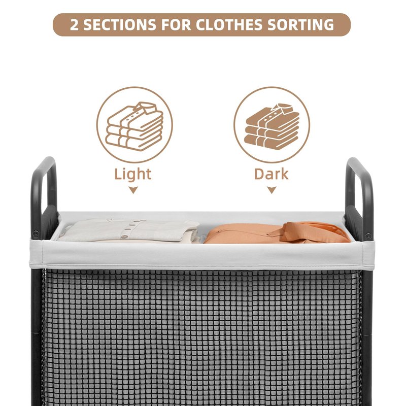STORAGE MANIAC Rolling Laundry Hamper with Wheels 2-Section Laundry Sorter Rolling Laundrys Basket on Wheels with Removable Bag Clothes Hamper Laundrys Organizer Cart Bathroom Bedroom 100L Grey