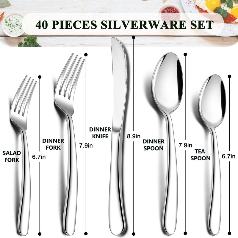 Herogo Heavy Duty Stainless Steel Silverware Set, 40-Piece Fancy Flatware Cutlery Set for 8, Modern Tableware for Home Restaurant Wedding, Heavy Eating Utensils, Mirror Polished, Dishwasher Safe