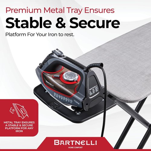Bartnelli Ironing Board - Extreme Stability with Heavy-Duty Metal Frame | Height Adjustable, 43x13 Inches, 100% Cotton Cover