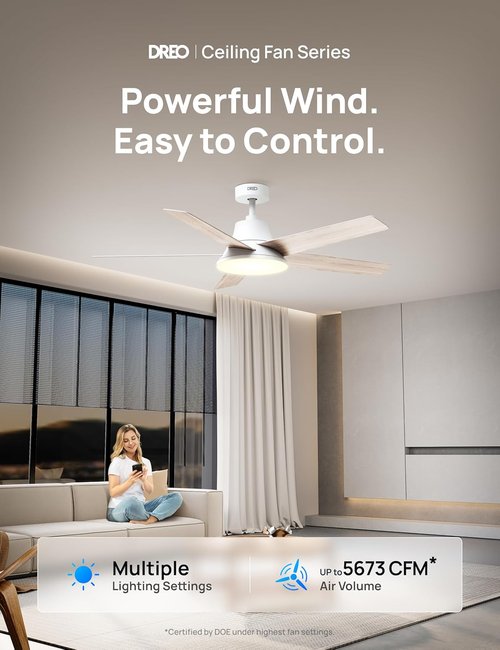 Dreo Smart Ceiling Fan - 52 Inch with Dimmable LED Lights, 12 Speeds & Quiet DC Motor | Remote & Alexa Control