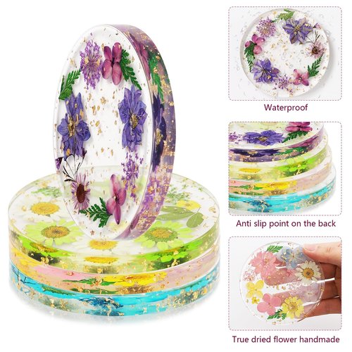 Flower Coasters, Tumwisk 4Pcs Dried Flower Drink Coasters, Women Coffee Table Dining Table Desk Aesthetic Coaster Set Natural Floral Coaster Home Decoration Housewarming Present