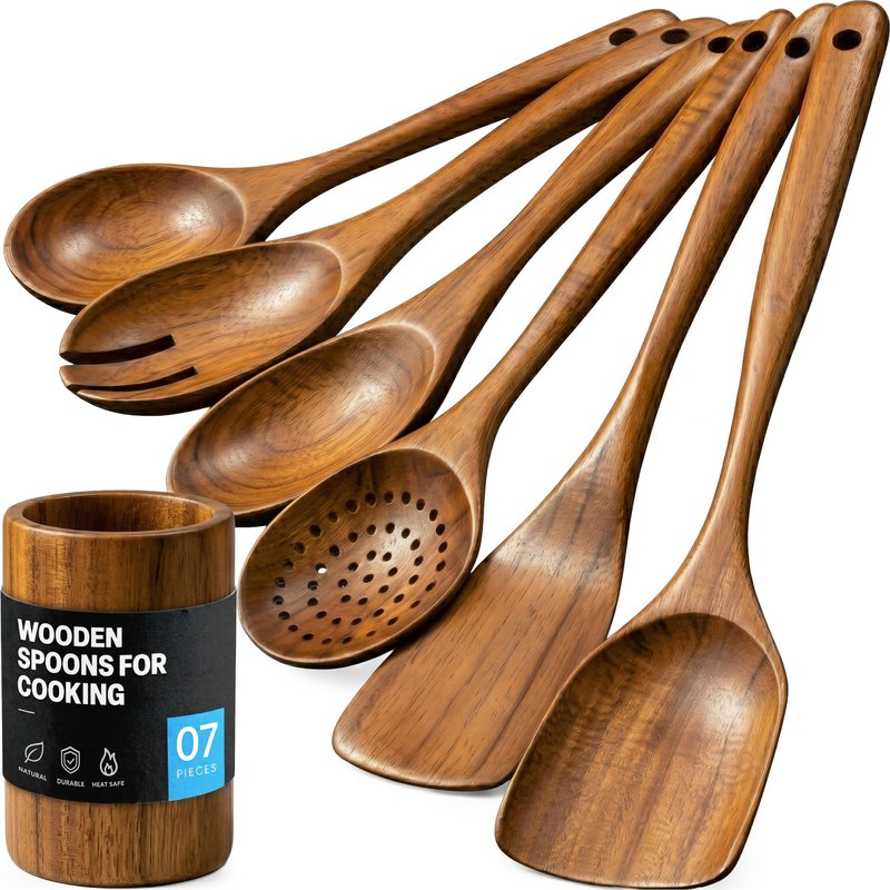Zulay Kitchen 7-Piece Wooden Cooking Spoons Set – Heat-Resistant, Smooth Teak Utensils with Comfort Grip – Lightweight & Durable – Easy to Clean, Perfect for Non-Stick Cookware