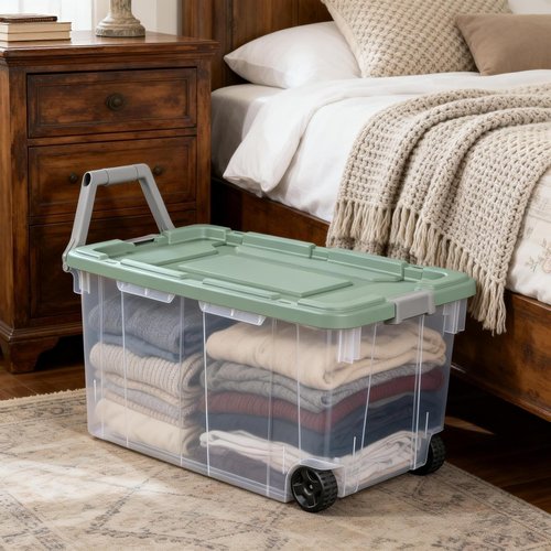 Extra Large Wheeled Storage Bin - 160 Quart Durable Clear Container with Latch Lid & Handle | Light Green, 2 Pack