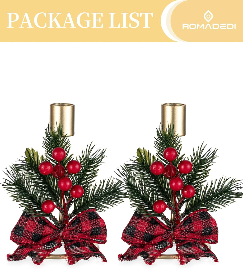 Romadedi Candle Holders - Gold Taper Candlestick Holders with Red Berry Decoration | Set of 2 for Festive Christmas Decor