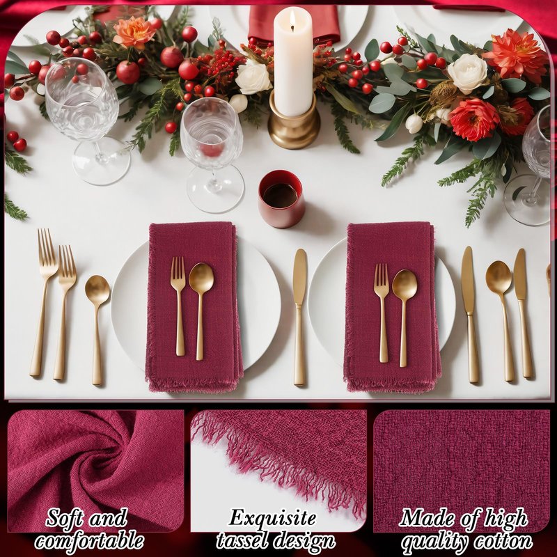 Buryeah 48 Pcs Cotton Linen Cloth Napkins with Fringe 16.5 x 16.5 Inch Square Rustic Dinner Linen Napkins Bulk for Wedding Party Banquet Dinner (Wine Red)