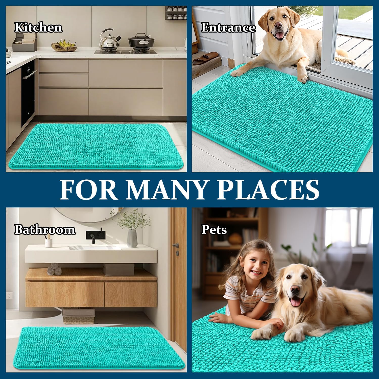 OLANLY Dog Door Mat - Absorbent Non-Slip Chenille Mat for Muddy Paws | 30x17 Inches, Teal Color