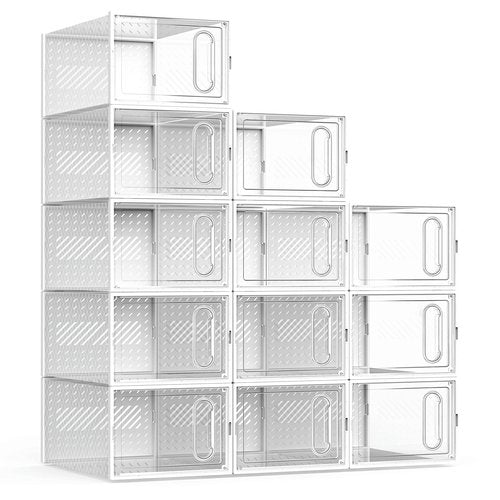 GONAT X-Large Shoe Storage Boxes, 12 Pack Shoe Organizers with Magnetic Door, Four Way Connection Shoe Containers, Clear Plastic Stackable Sneaker Bin for Closet, White,Christmas Gift