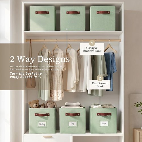 DECOMOMO Storage Bins - Fabric Cube Storage Bins with Labels | 10.5" x 11" | 2-Pack in Sage Green