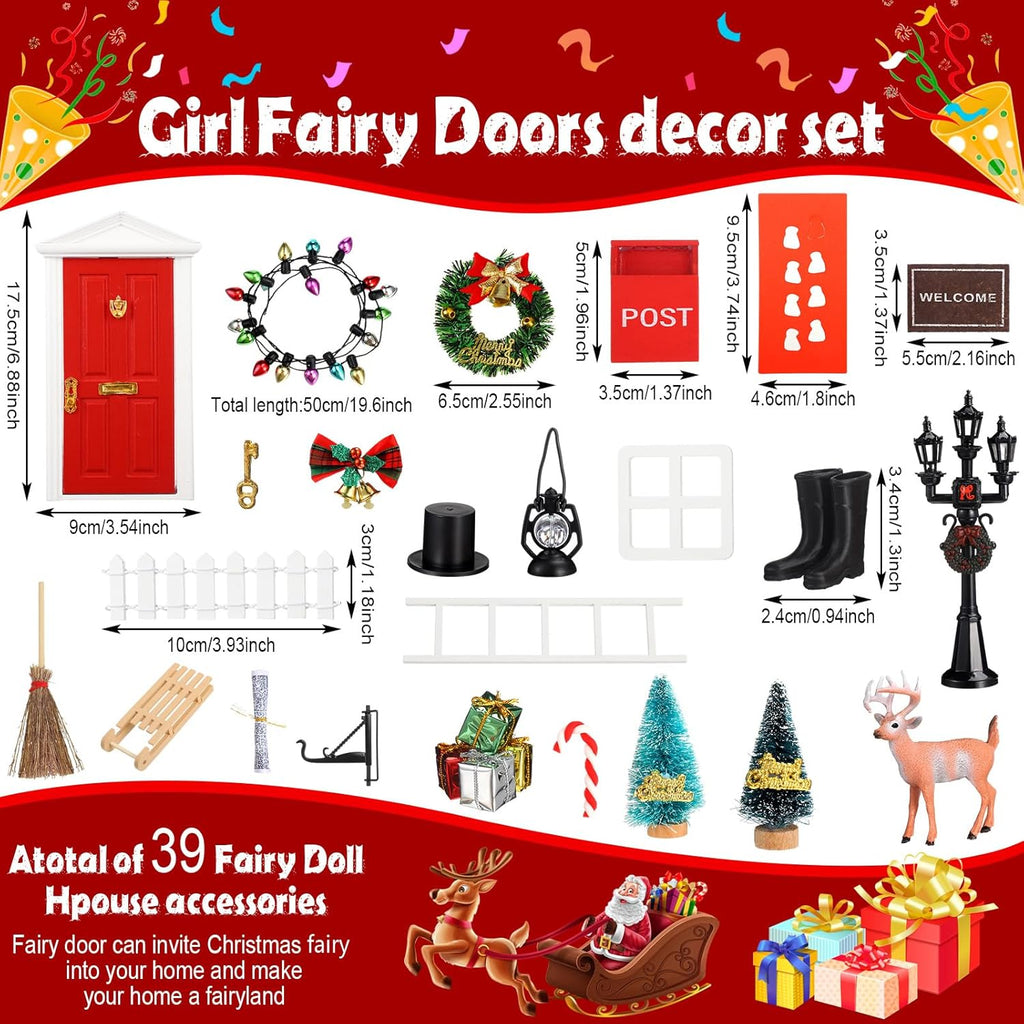 Shappy Christmas Elf Fairy Doors - 39 Pcs Enchanted Wooden Miniature Outdoor Decor | Red