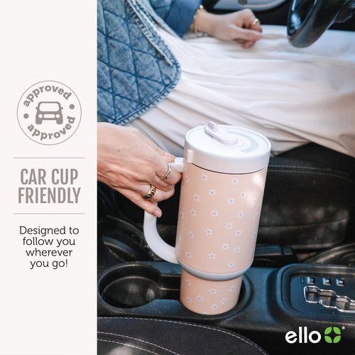 Ello Oasis 30 oz Tumbler with Handle & Retracting Straw | Reusable Insulated Stainless Steel Cup 100% Leakproof, Gifts for Teens Women Men | Keeps cold for 24 Hours, Cup Holder Friendly, Cream Tonal