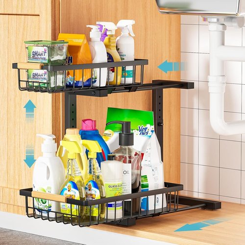 Liuoud Under Sink Organizer - 2-Tier Adjustable Pull-Out Cabinet Storage Rack | Large Capacity, Black