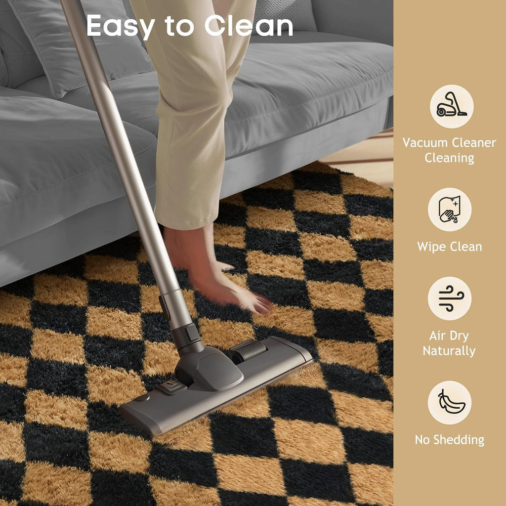 Ophanie Checkered Black & Beige Area Rug - Soft Fluffy Shaggy 4x6 Carpet for Living Room & Bedroom Decor