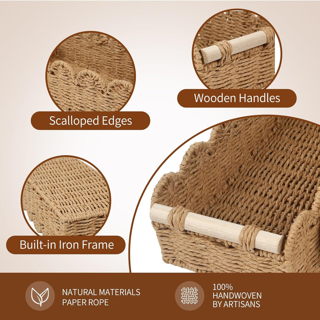 Regine Switzerland Paper Rope Storage Basket Set - Scalloped Design with Wooden Handles, Stylish Beige Organizers for Bathroom or Living Room