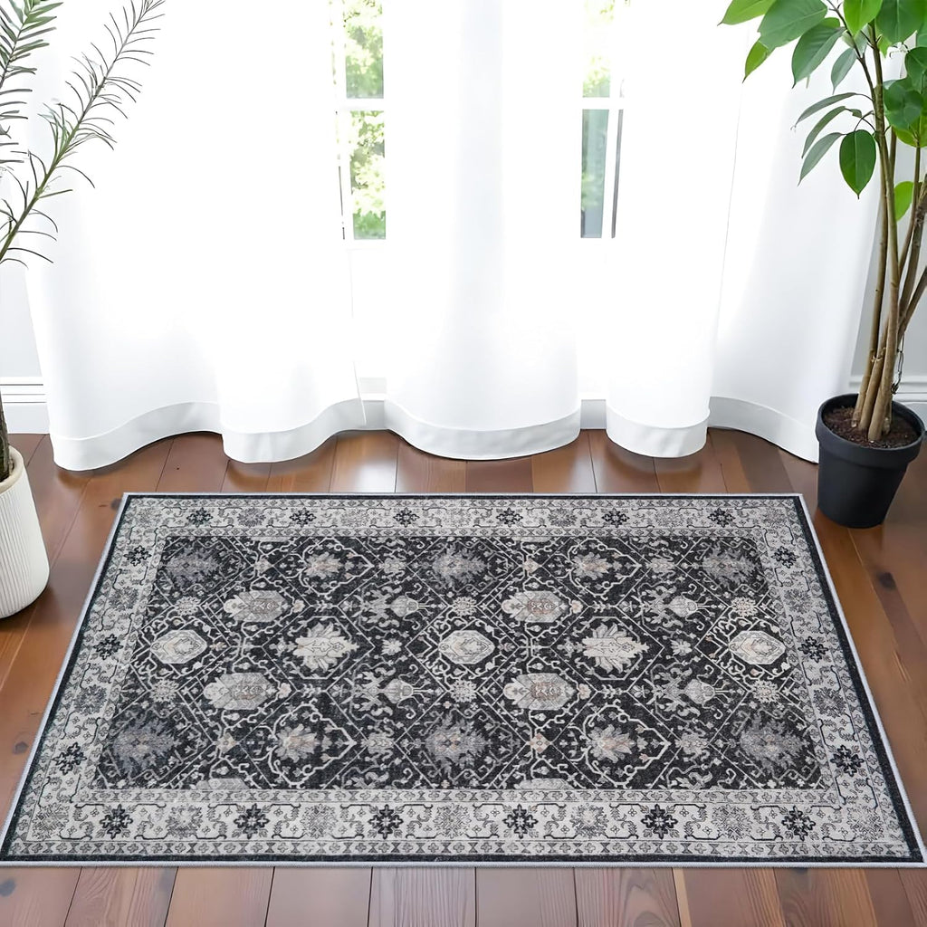 Skiennix Washable 2x3 Entryway Area Rug - Vintage Soft Non-Slip Backing, Water-Resistant Carpet (Black)