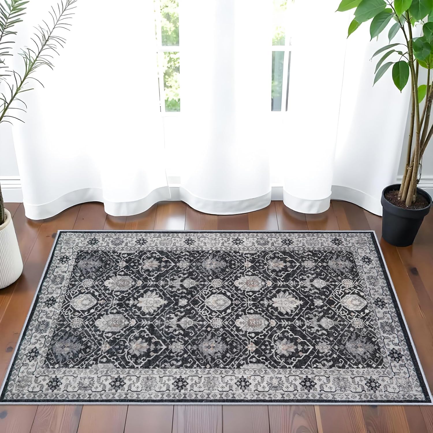 Skiennix Washable 2x3 Entryway Area Rug - Vintage Soft Non-Slip Backing, Water-Resistant Carpet (Black)