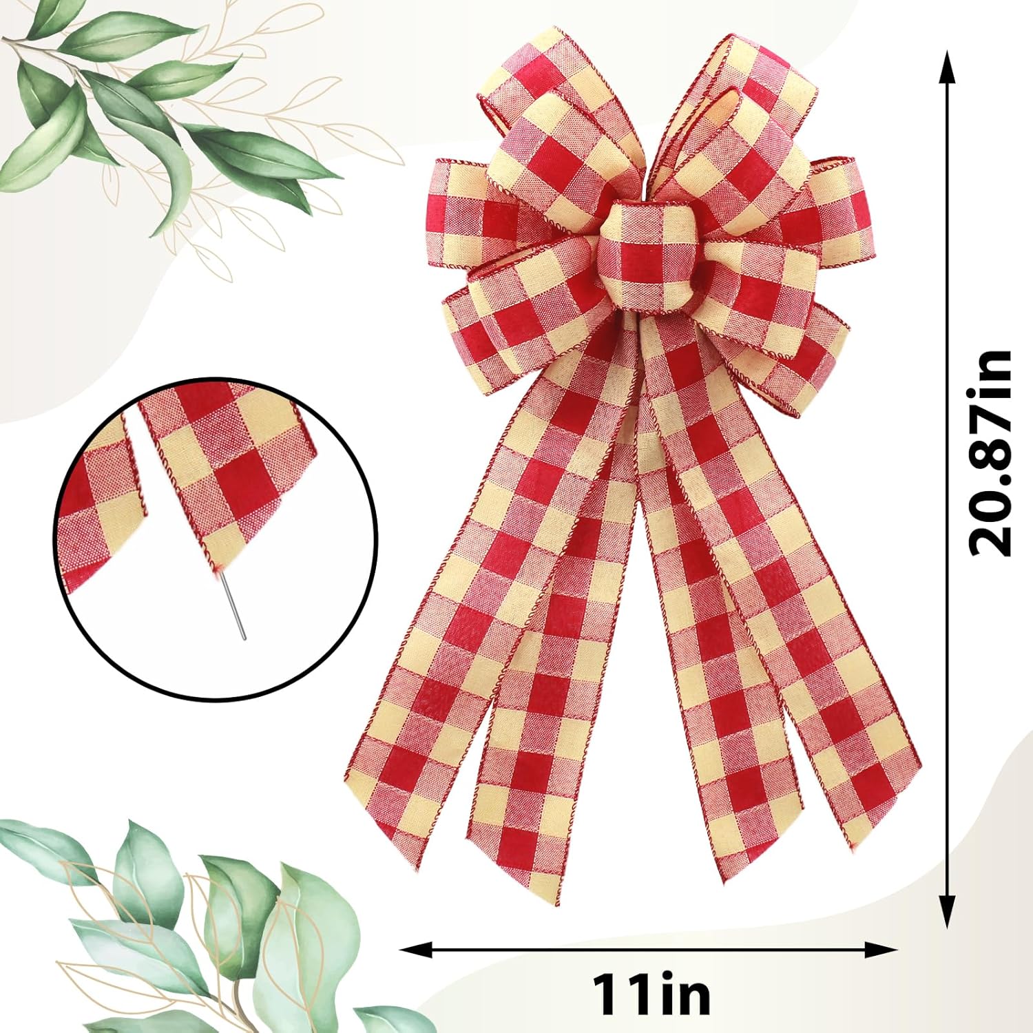 Regine Switzerland Large Red Linen Buffalo Plaid Wreath Bow - Rustic Burlap Decoration for Weddings & Holidays