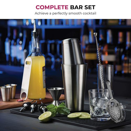 Expert Cocktail Shaker Home Bar Set - 14 Piece Stainless Steel Bar Tools Kit with Shaking Tins, Flat Bottle Opener, Double Bar Jigger, Hawthorne Strainer, Shot Glasses, Bar Spoon, and 6 Pour Spouts.