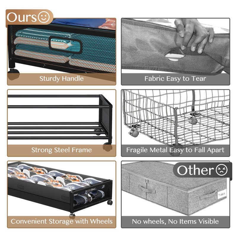 Futego Under Bed Storage with Wheels,2 Pack Under Bed Storage Containers with Clear Lids,Under the bed storage Organizer Bins, Large Rolling Under Bed Metal Drawer for Clothes,Shoes,Blankets