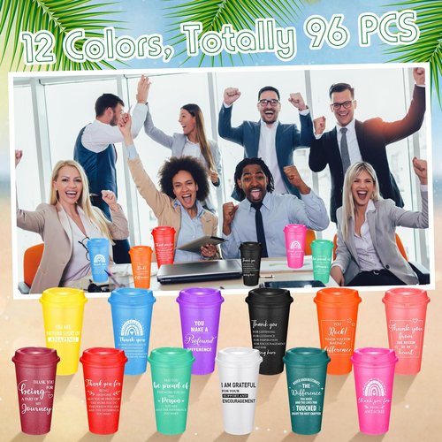 Skylety Thank You Gifts 16 oz Coffee Cups Bulk Employee Appreciation Gift Inspirational Tumbler with Lid Reusable Plastic Coffee Cup for Coworker Staff Women Teacher (Classic Colors,96 Pcs)