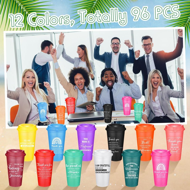 Skylety 96 Pcs Thank You Gifts 16 oz Coffee Cups Bulk Employee Appreciation Gift Inspirational Tumbler with Lid Reusable Plastic Coffee Cup for Coworker Staff Women Teacher (Classic Colors)
