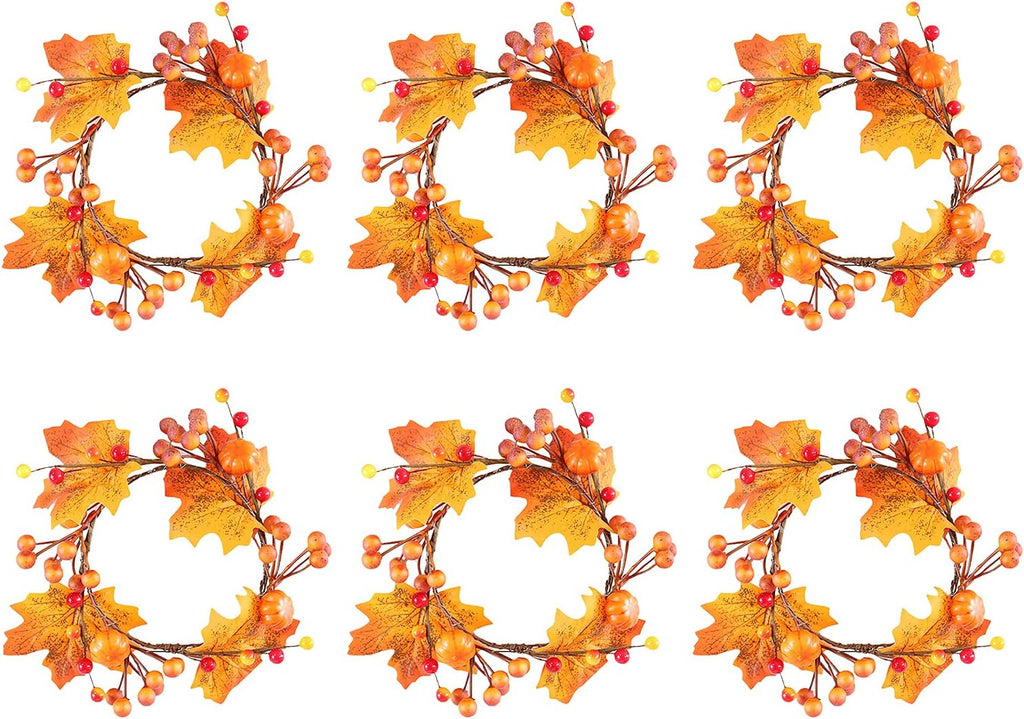 Skiennix 6-Piece Fall Candle Ring Wreaths - 4.7 Inch Pumpkin Maple Leaf & Berries Decor | Orange
