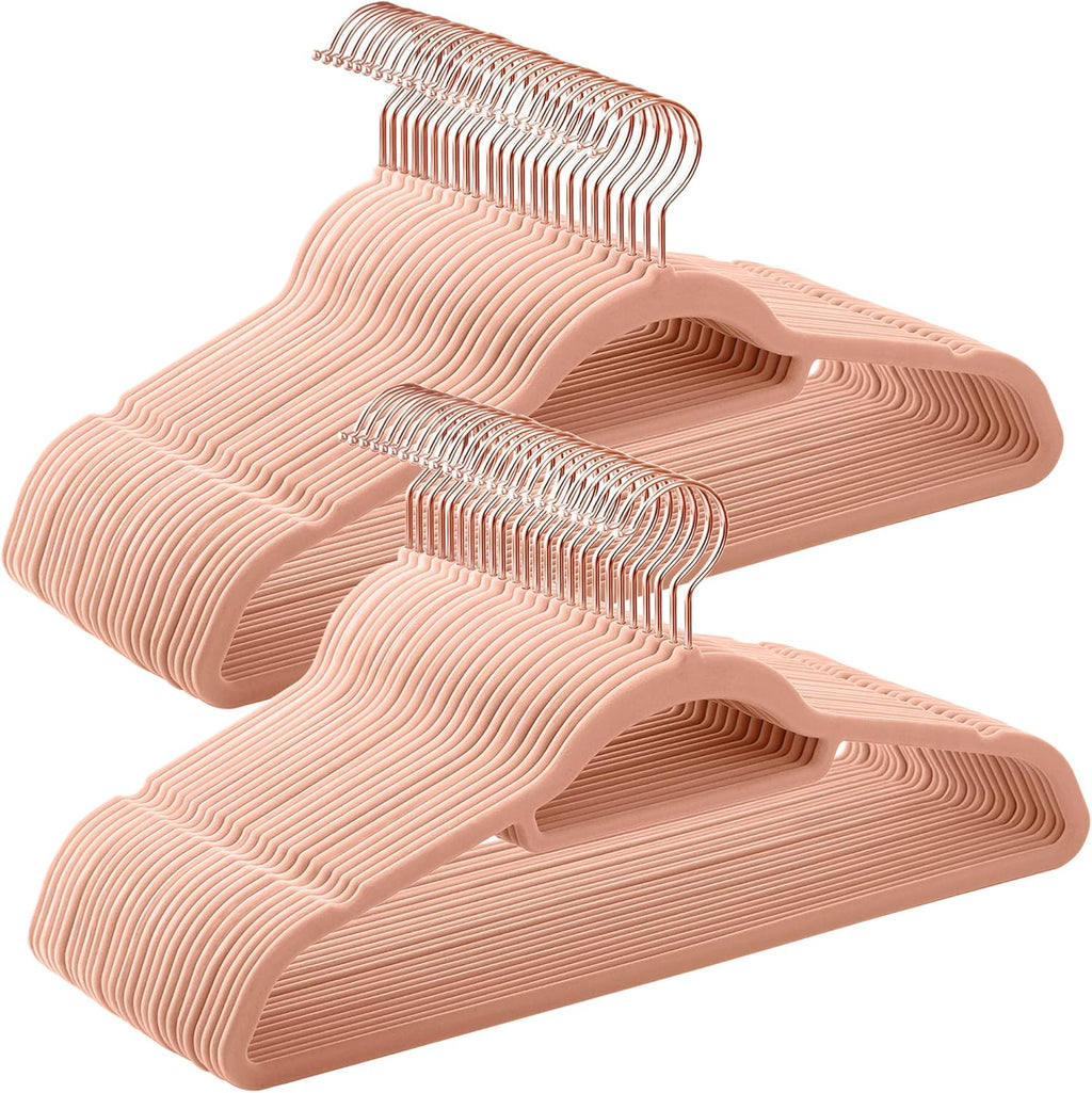 SONGMICS Velvet Hangers - Non-Slip Rose Gold Swivel Hook - Space-Saving Set of 50 - Coral Pink, 17.1-Inch Long
