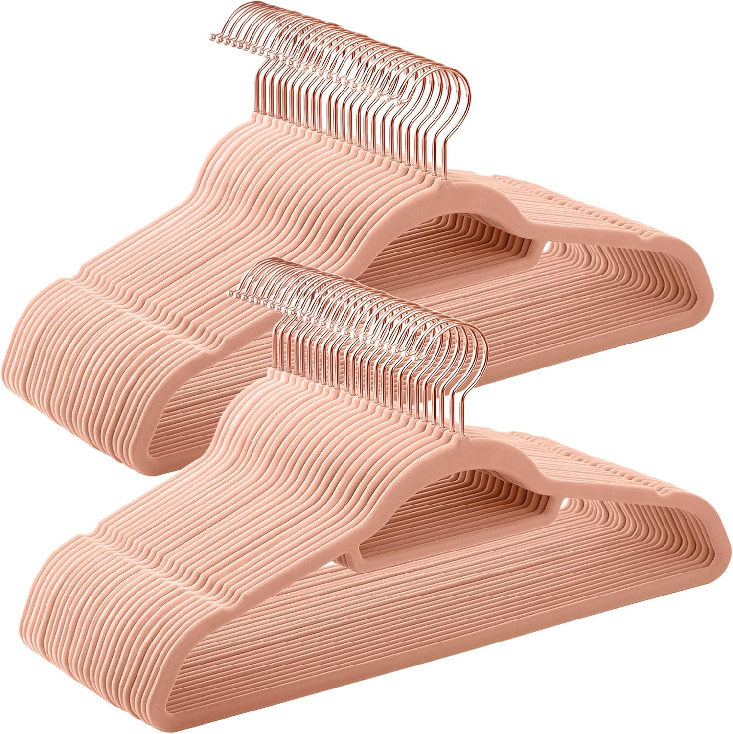 SONGMICS Velvet Hangers - Non-Slip Rose Gold Swivel Hook - Space-Saving Set of 50 - Coral Pink, 17.1-Inch Long