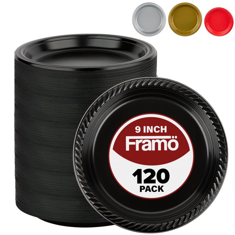 Framo Disposable Black Plastic Plates, Pack of 120-9-Inch Round Plastic Plates Special Events, Party, Dinner, Picnic, or Travel - Bulk Pack Party Supplies