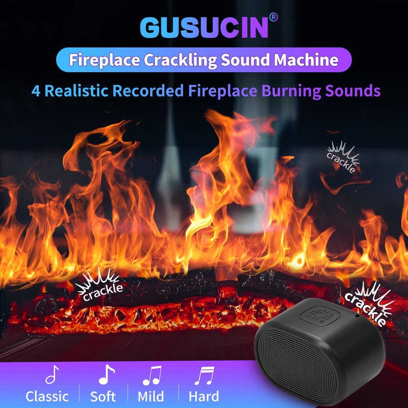 GUSUCIN Fireplace Crackling Sound Maker for Electric Fireplace, Rechargeable Realistic Fireplace Sound Box, Fire Crackler Sound System for Gas Fireplace, Winter Sleep White Noise Machine, Black