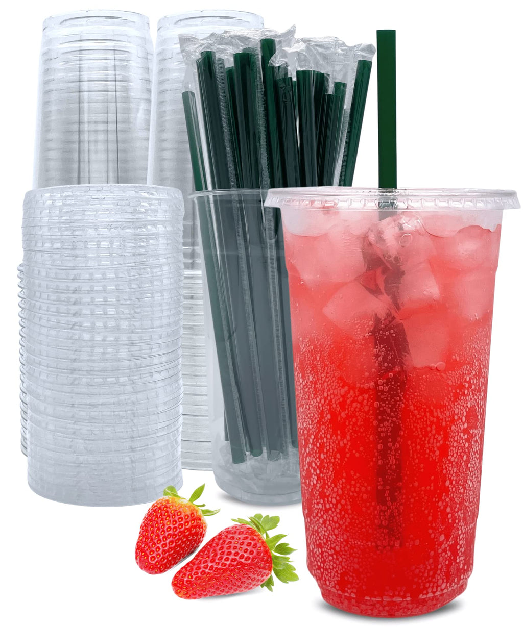 [50 Sets] 32 oz Clear Plastic Cups with Lids and Straws, Disposable Coffee Cups