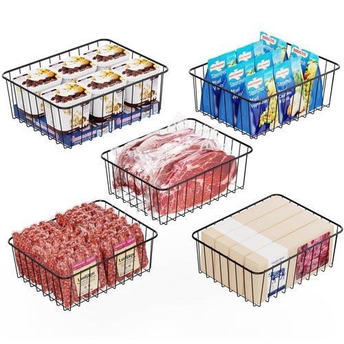 iSPECLE Refrigerator Organizer Bins - 5 Pack Fridge Storage Baskets Bins for 25 / 26 / 27.4 / 28 Cu.Ft Refrigerator Freezer Sort and Easily Get Food Stop Food Falling out Allow Air Circulation, Black