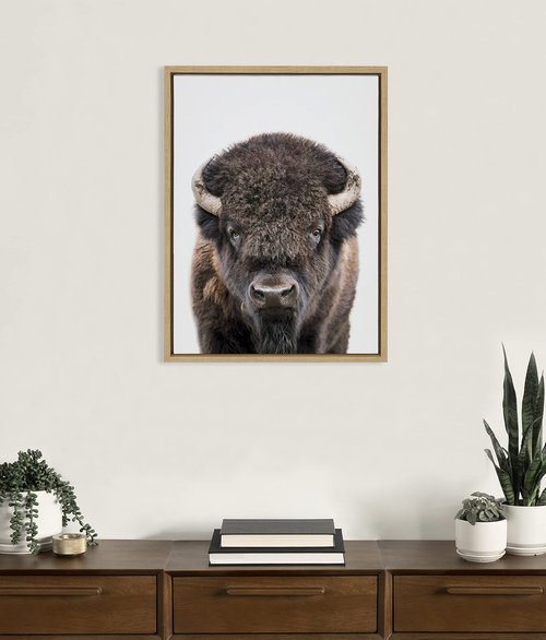 Kate and Laurel Sylvie Bison Portrait Framed Canvas Wall Art by Amy Peterson Art Studio; 18x24 Natural; Modern Animal Portrait Art for Wall